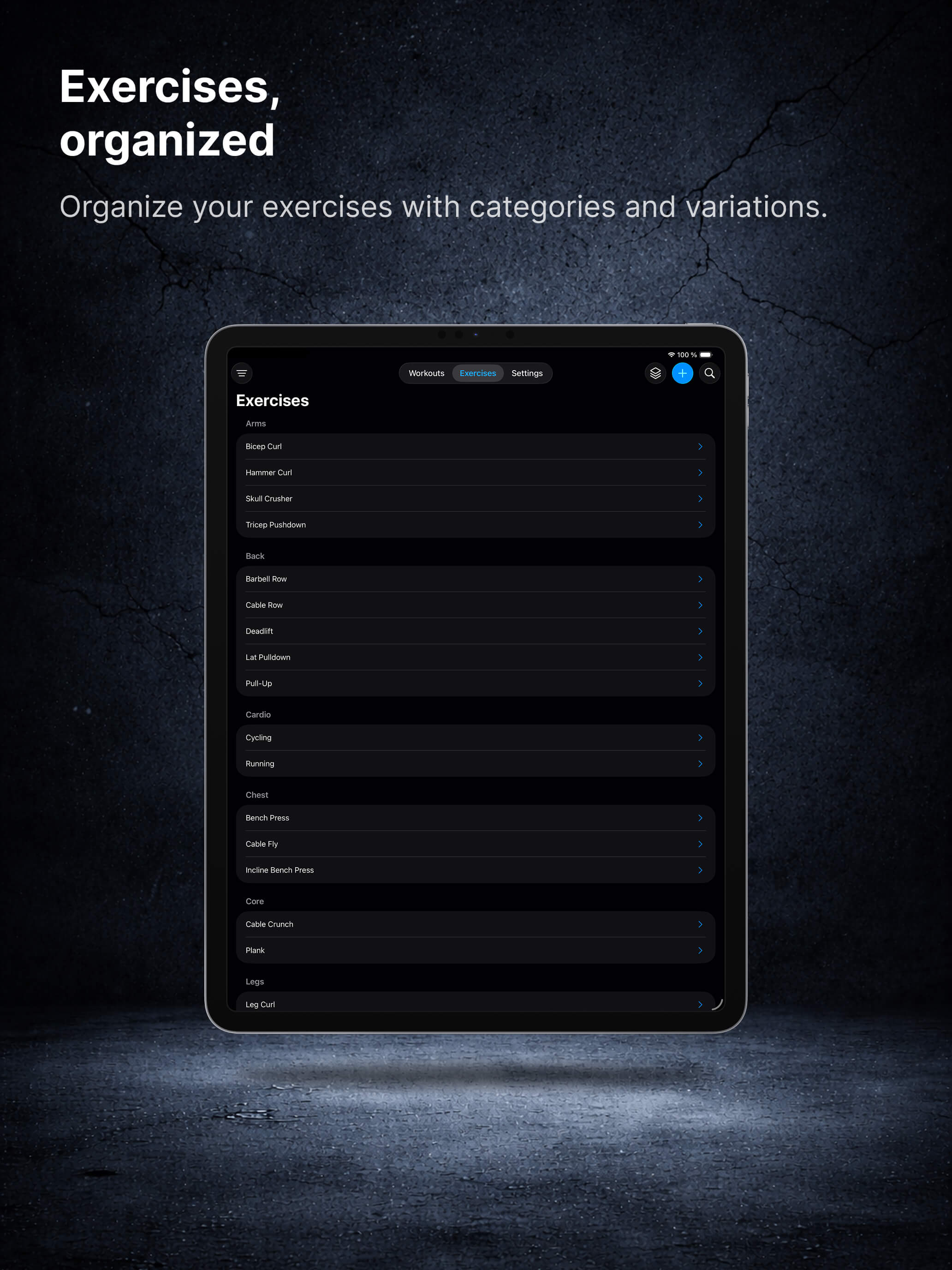 Exercise library in Offgrid Training on iPad