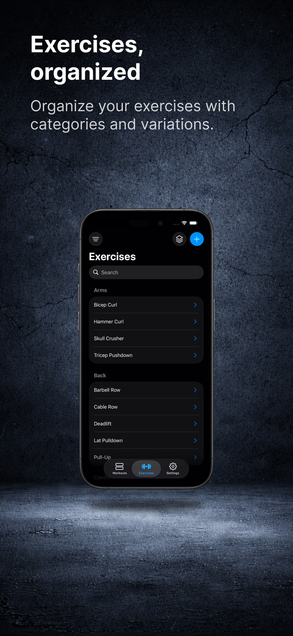 Exercise library with categories and variations in Offgrid Training on iPhone
